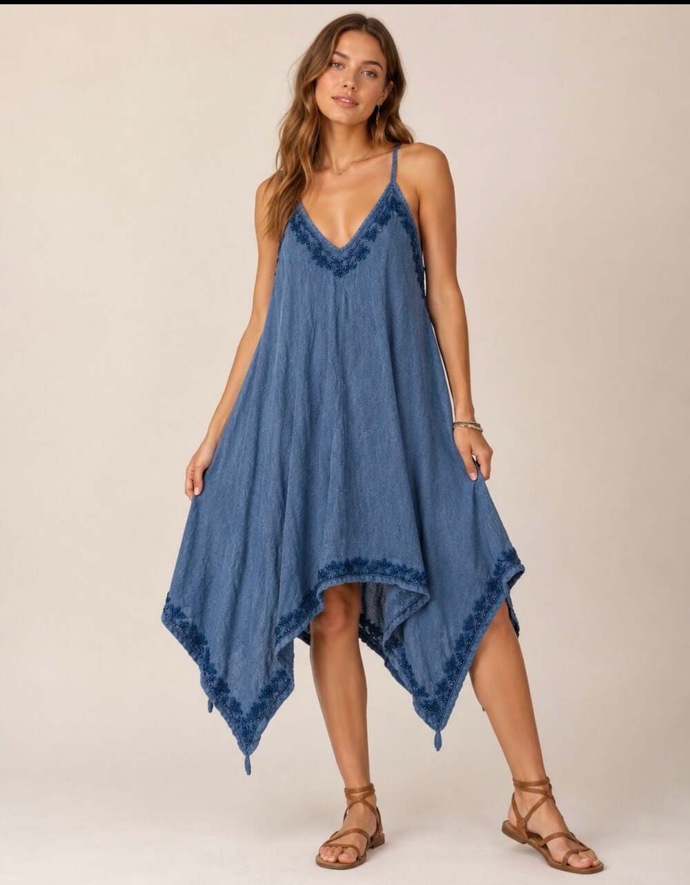 Advanced Apparels Acid Wash Blue Beaded Handkerchief Hem Maxi Dress OS Boho